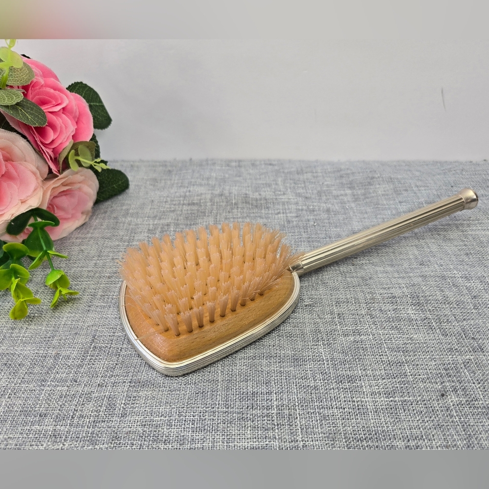 Vintage Floral Theme Hair Brush Art Deco 1960 Silver Tone Handle Made In England
